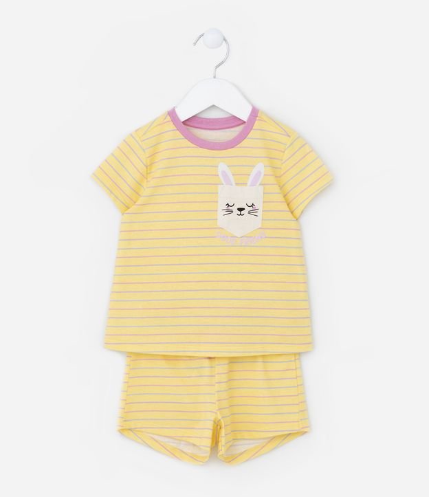 Pijama Infantil Curto em Algodão com Listras e Bolsinho de Coelhinho - Tam 2 a 4 anos