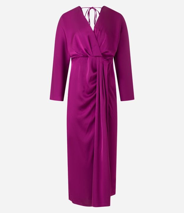 Vestido Midi em Cetim com Decote V e Detalhe de Pregas