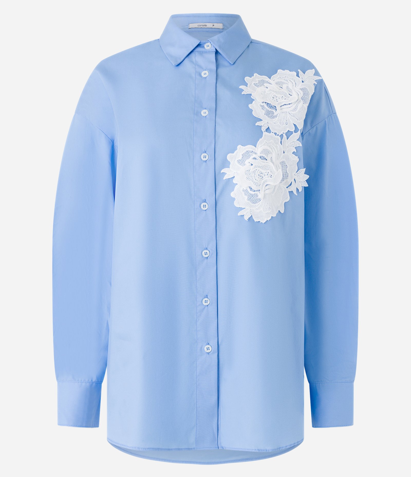 Camisa em Tricoline com Aplicação de Flor Rendada Azul 5