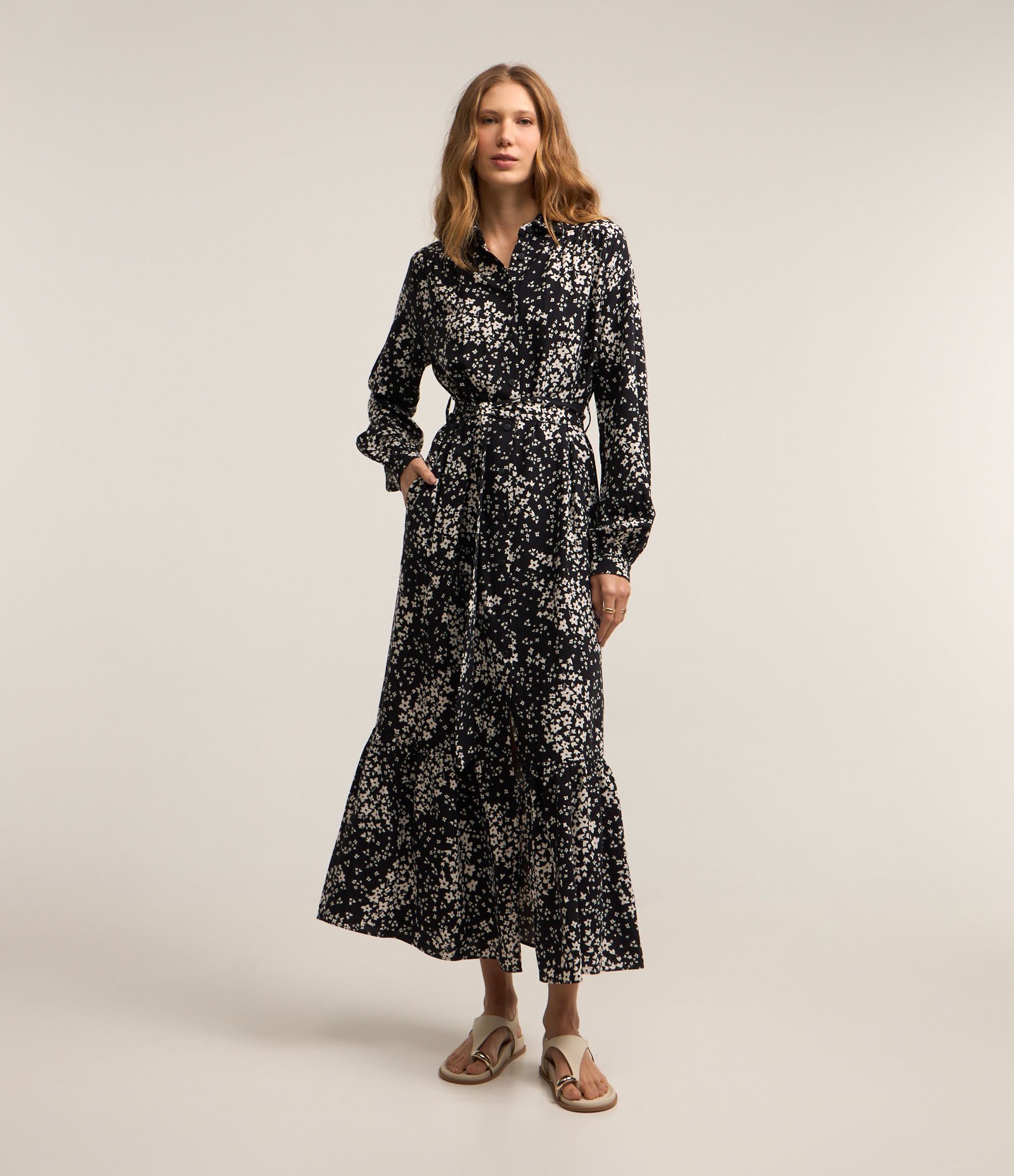 Vestido Chemise Longo em Viscolinho Floral Preto 2