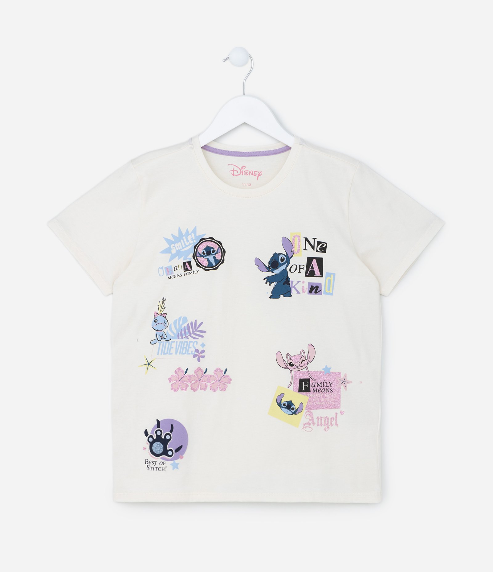 Camiseta Infantil em Algodão Estampa Doodles Stitch - Tam 5 a 14 anos Off White 1