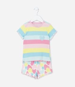 Pijama Infantil em Algodão Estampa Listras e Corações - Tam 2 a 4 anos