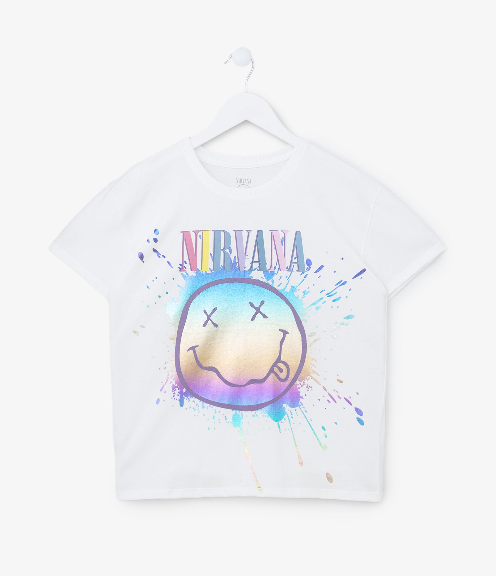 Camiseta T-Shirt Infantil com Cava Deslocada e Estampa Nirvana - Tam 5 a 14 Anos Branco Neve 1