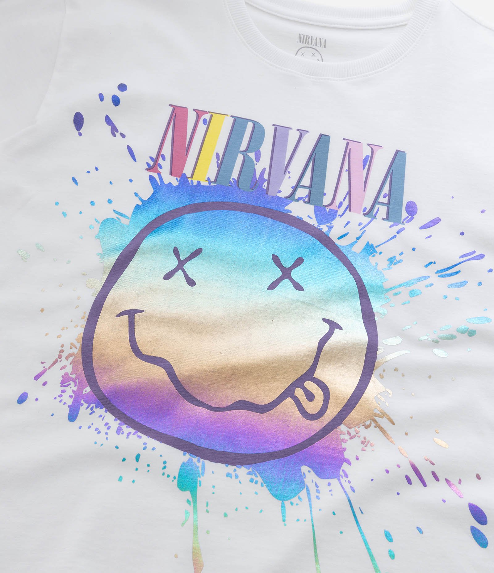 Camiseta T-Shirt Infantil com Cava Deslocada e Estampa Nirvana - Tam 5 a 14 Anos Branco Neve 5
