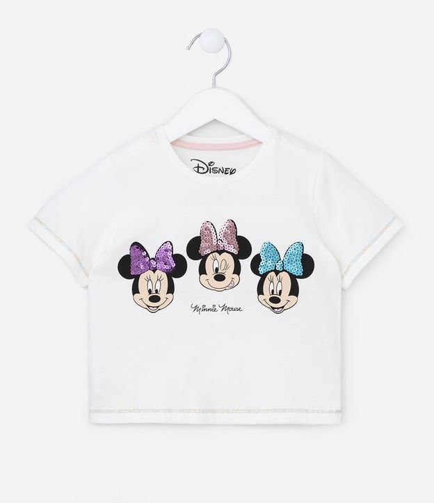 Camiseta Comfort Infantil com Estampa Minnie de Lacinhos em Paetê - Tam 2 a 5 anos