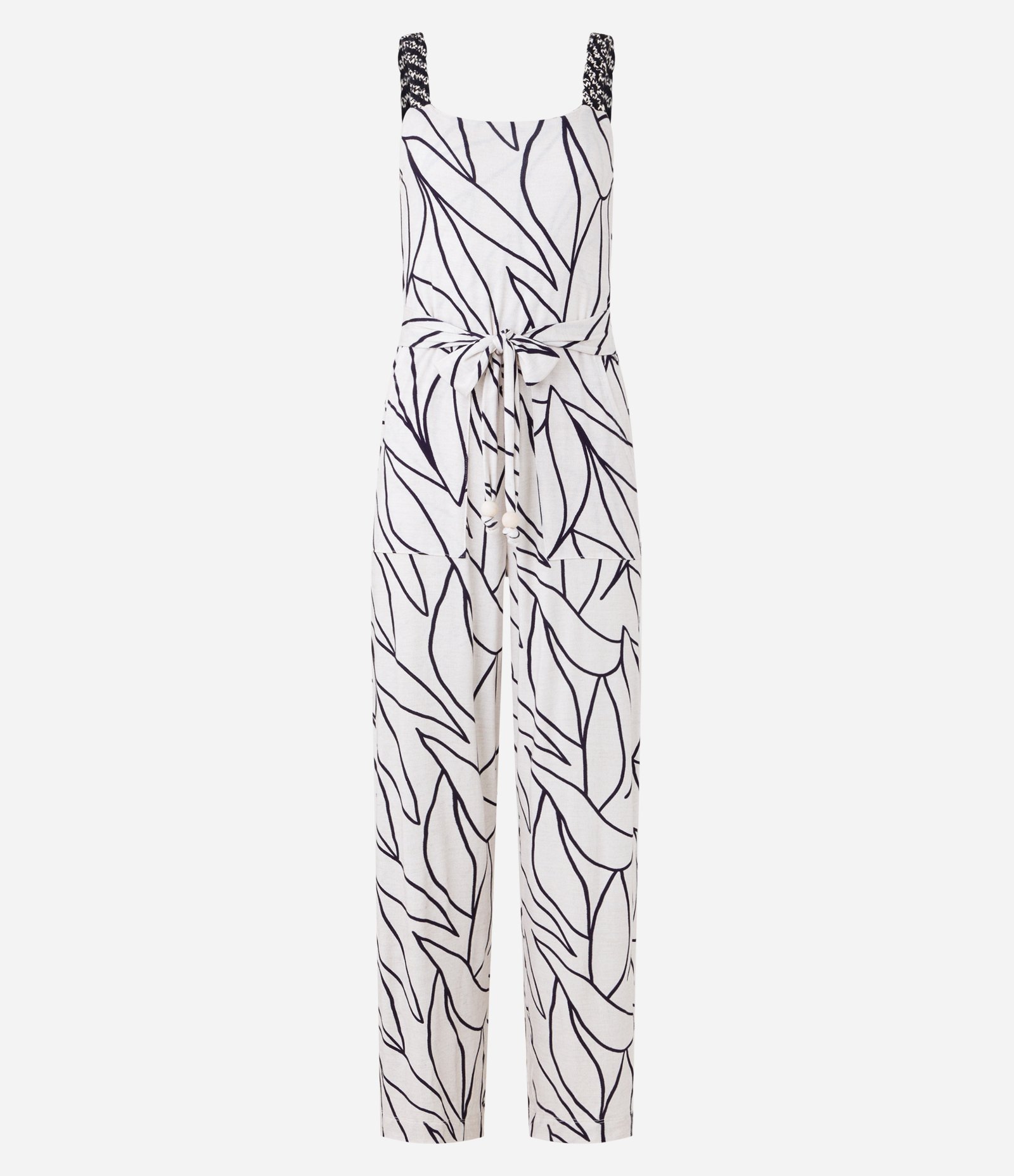 Macacão em Viscose com Alça Texturizada e Amarração na Cintura Off White/ Preto 6