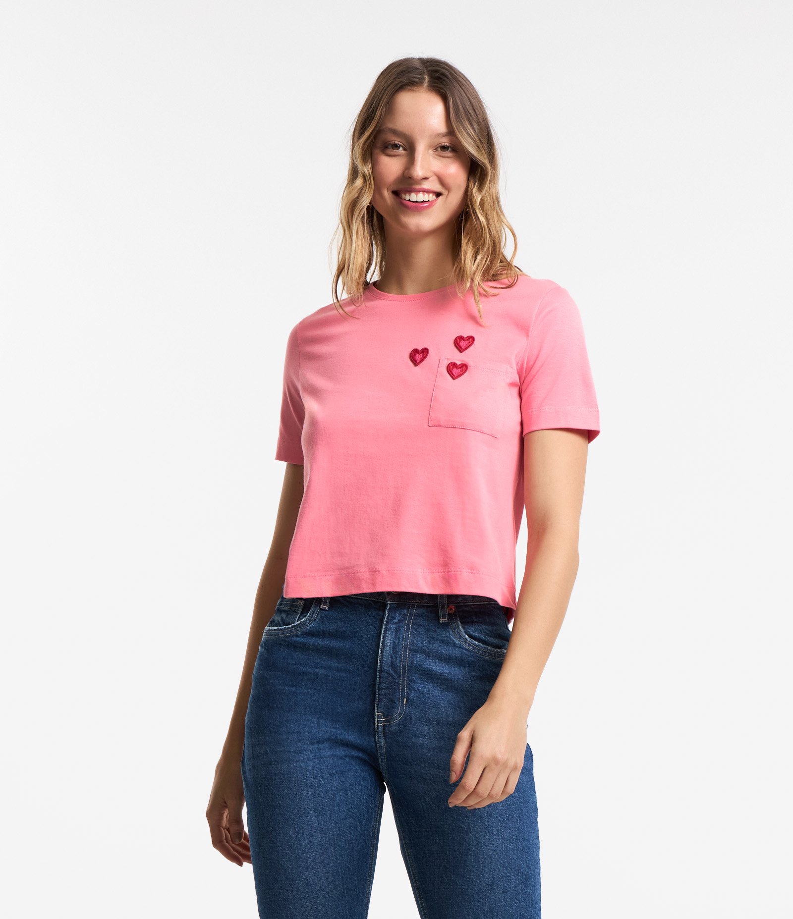 Blusa em Algodão com Bolso e Corações Bordados 3D Rosa 1