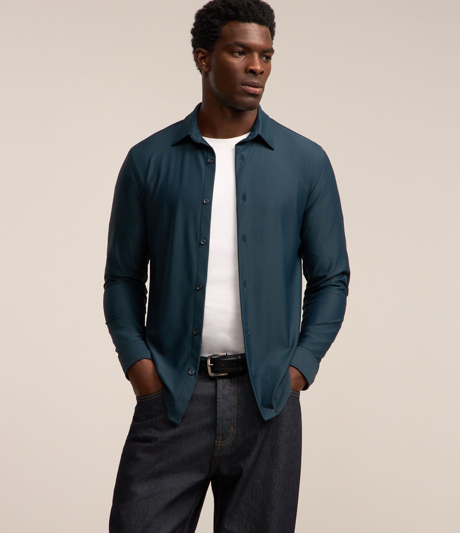 Camisa Performance com Manga Longa e Textura Azul 1