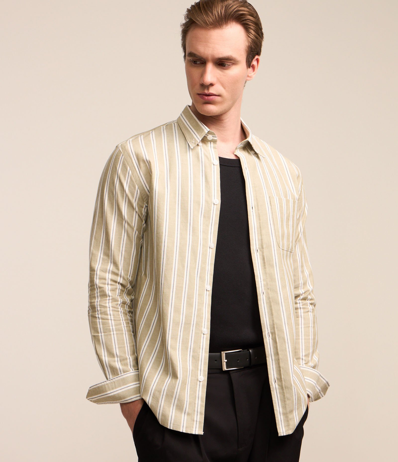 Camisa em Oxford com Listras Mercerizada Bege com Listras Mercerizadas 1