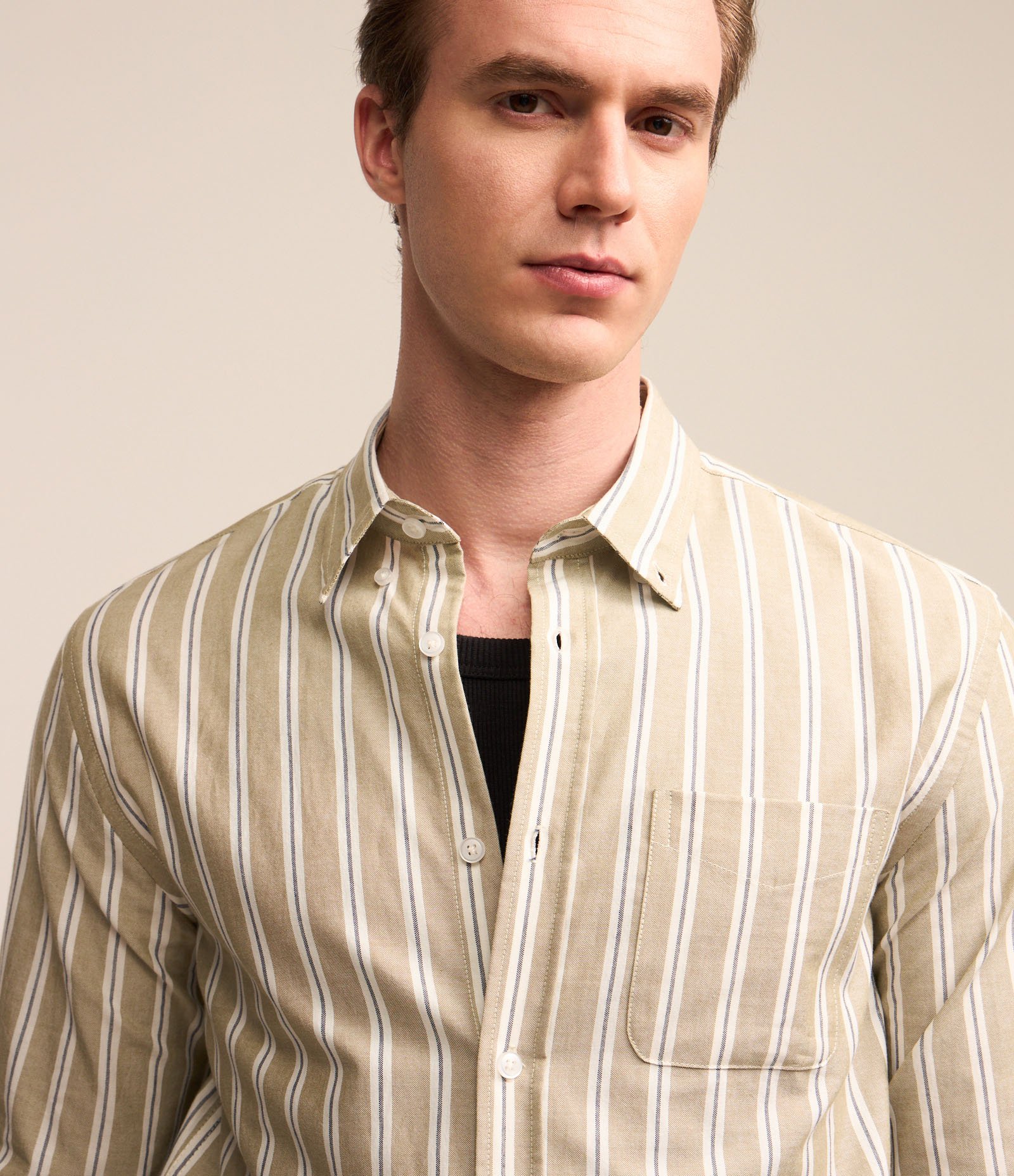 Camisa em Oxford com Listras Mercerizada Bege com Listras Mercerizadas 3