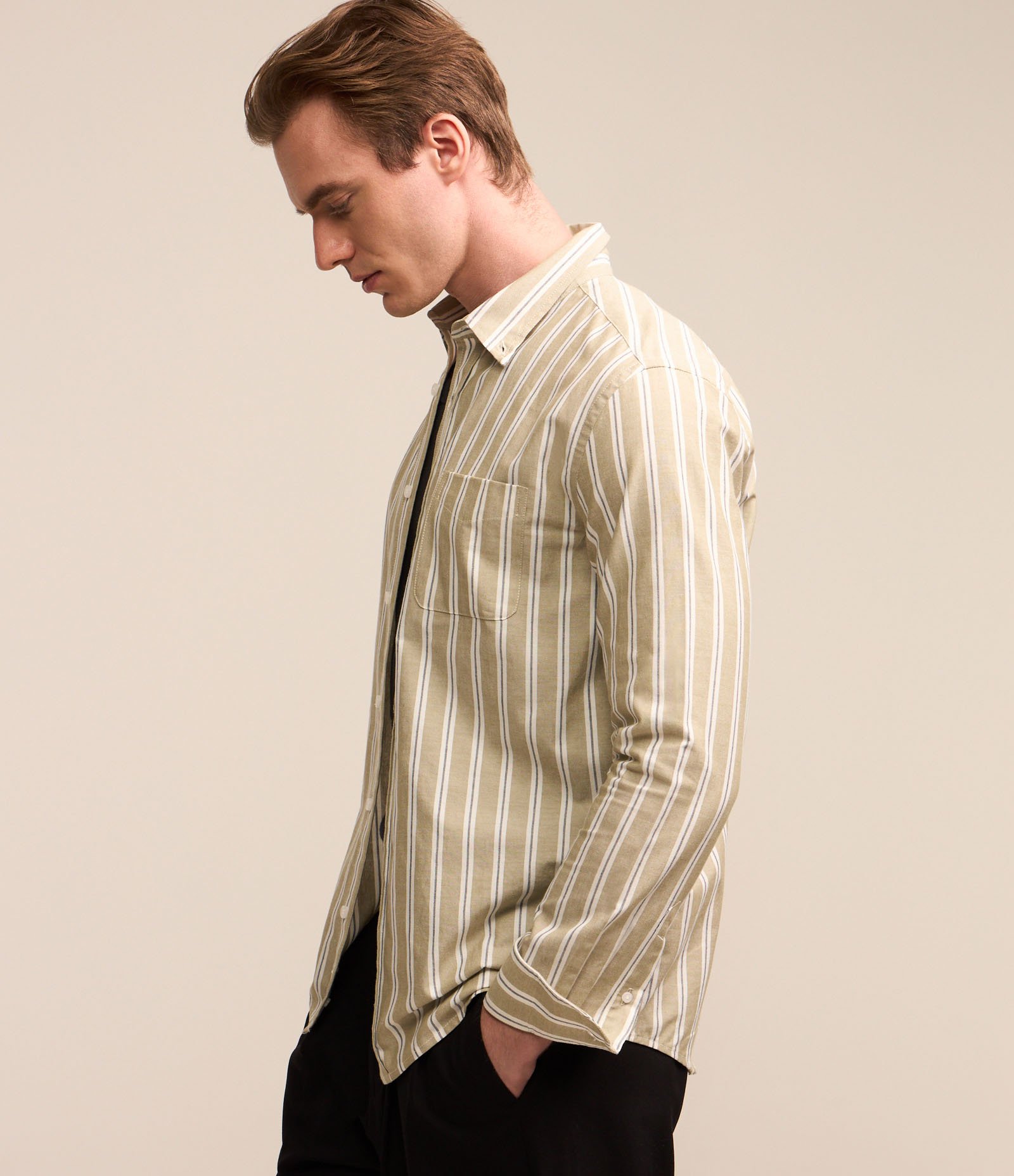 Camisa em Oxford com Listras Mercerizada Bege com Listras Mercerizadas 4