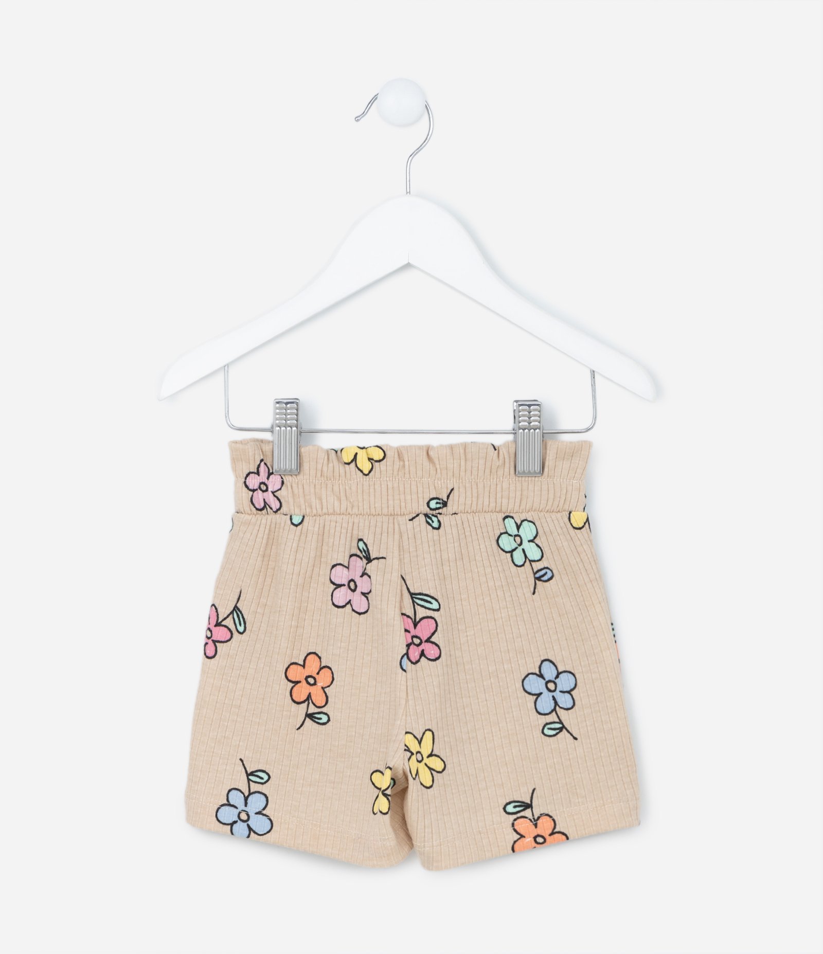 Short Clochard Infantil Caneladinho com Estampa de Flores - Tam 1 a 5 anos Bege 1