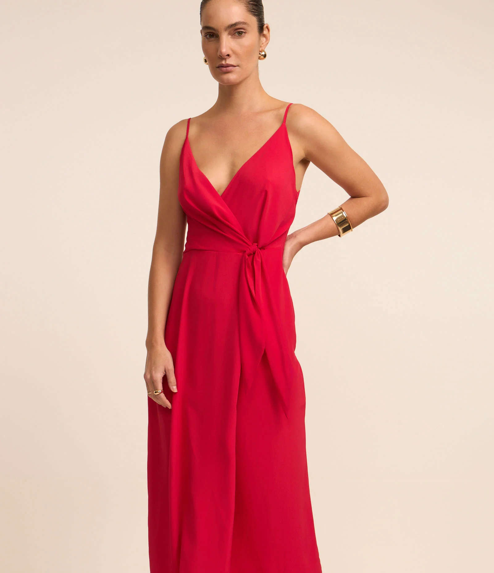 Vestido Midi em Crepe com Transpasse com Amarração Vermelho 1