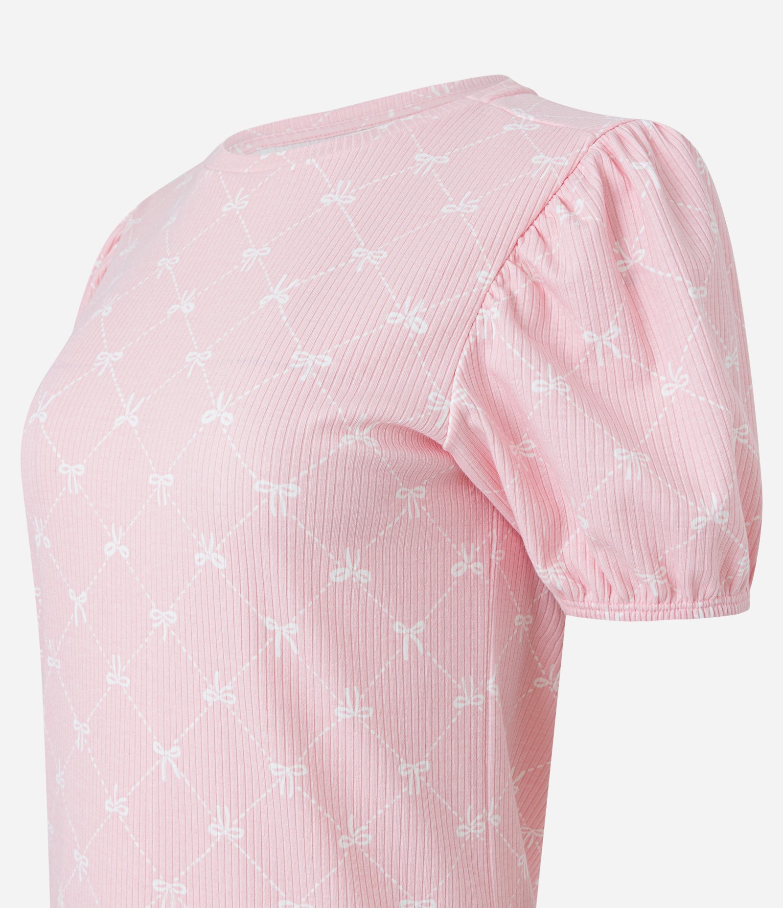 Camisola Curta em Ribana com Mangas Bufantes e Estampa Lacinho Rosa 5