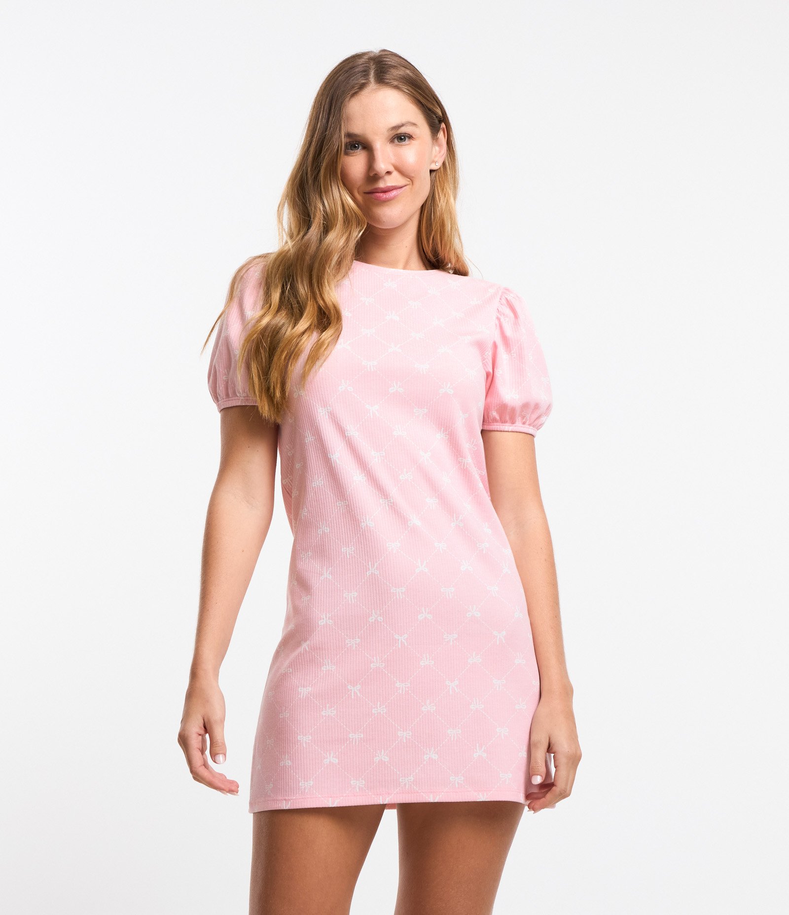 Camisola Curta em Ribana com Mangas Bufantes e Estampa Lacinho Rosa 1