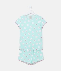 Pijama Curto Infantil em Ribana com Estampa de Flores - Tam 4 a 14 anos