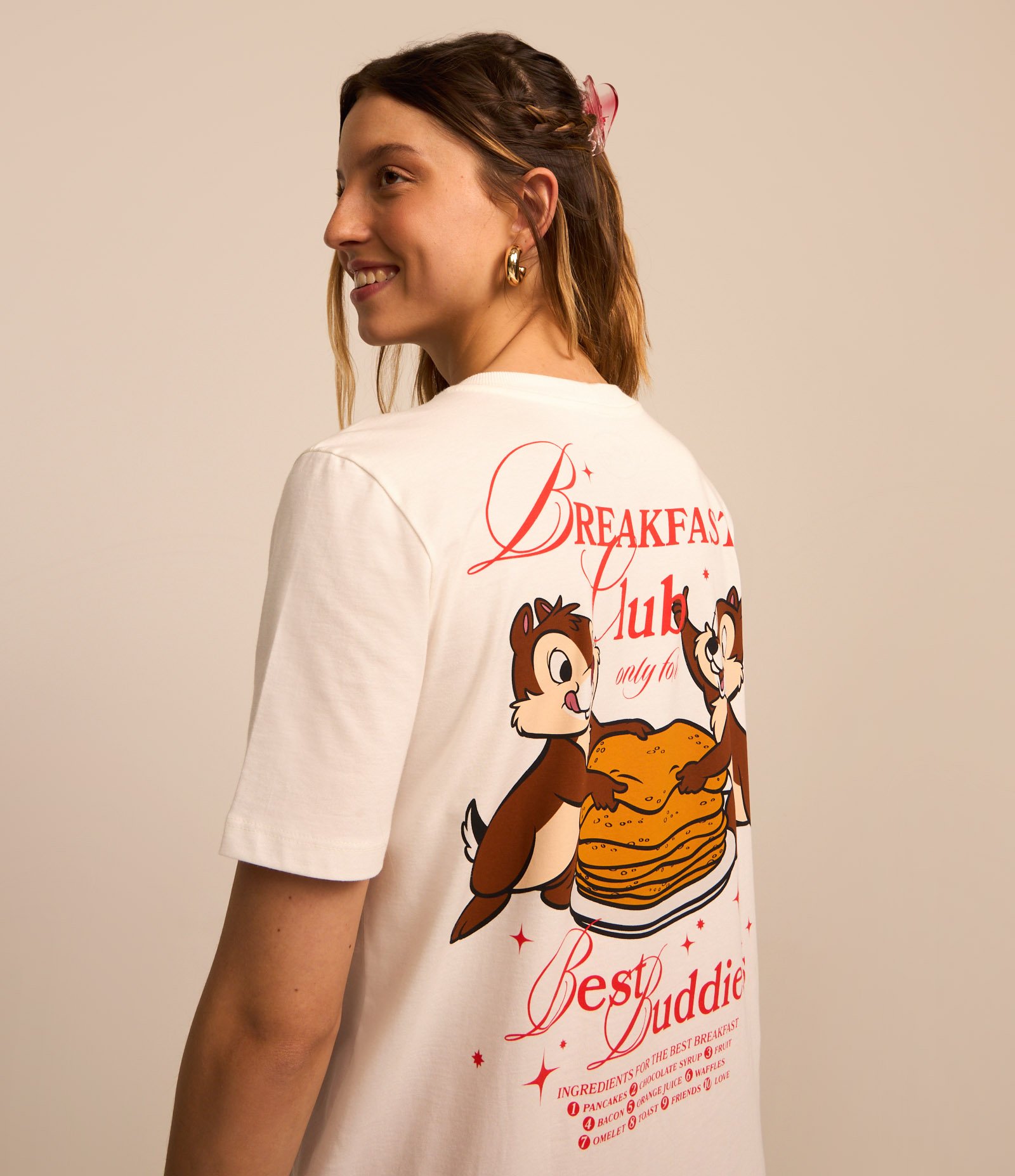 Camiseta Alongada em Algodão com Tico e Teco Breakfast Estampados Branco 1