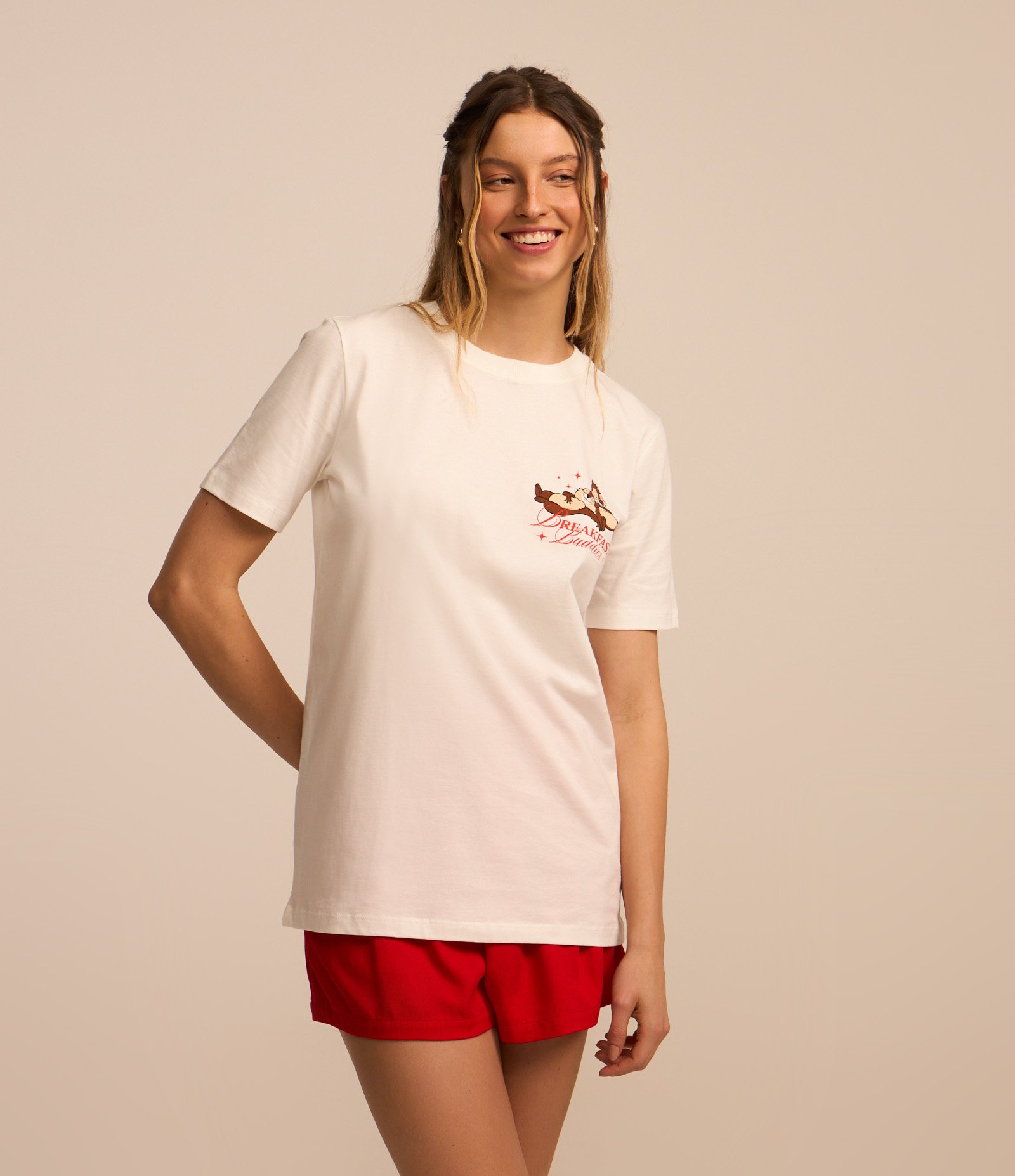 Camiseta Alongada em Algodão com Tico e Teco Breakfast Estampados Branco 3