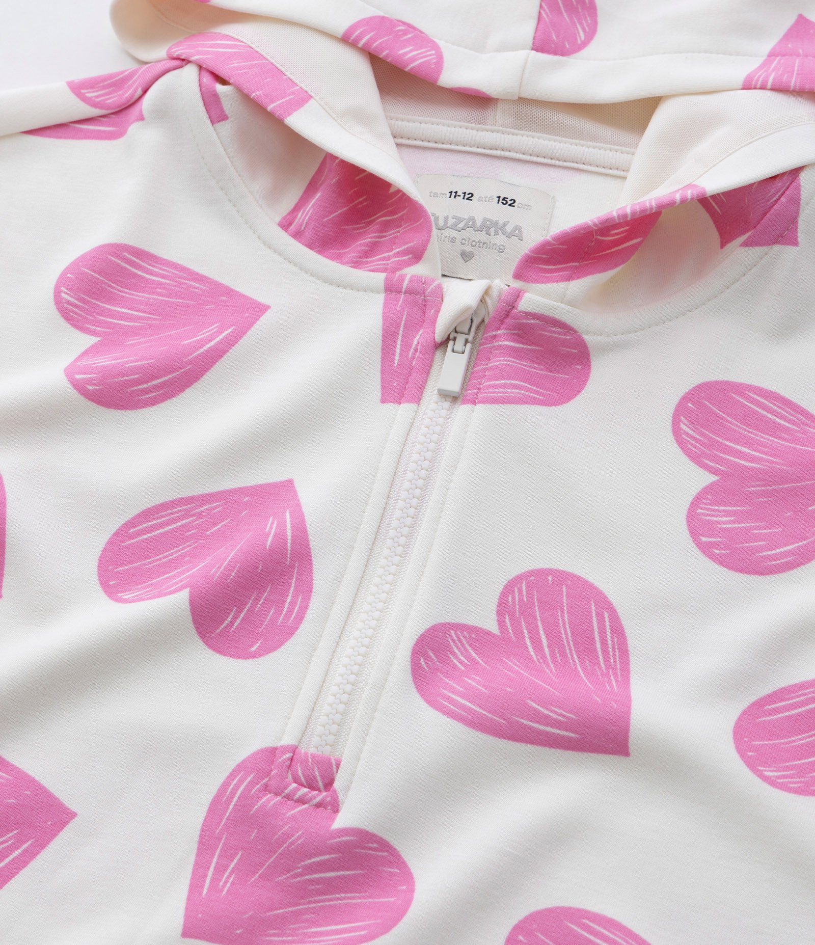 Blusão Canguru Infantil com Estampa Corações - Tam 5 a 14 anos Bege/Rosa 4