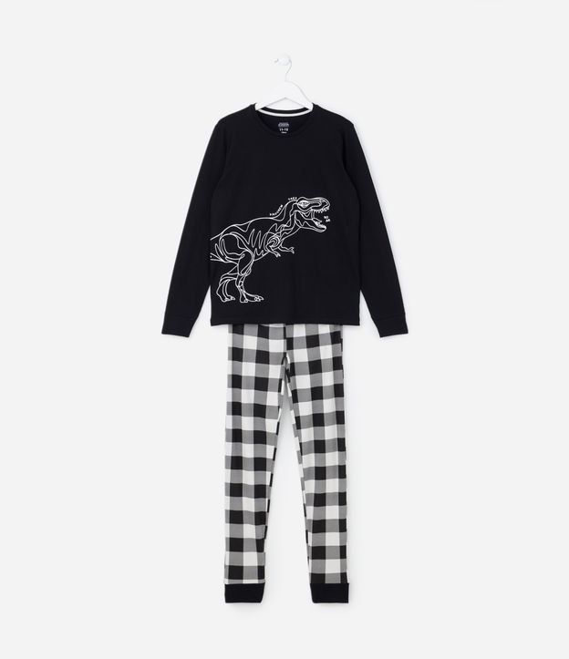 Pijama Infantil Longo em Algodão Estampa Dino Brilha do Escuro - Tam 5 a 14 anos
