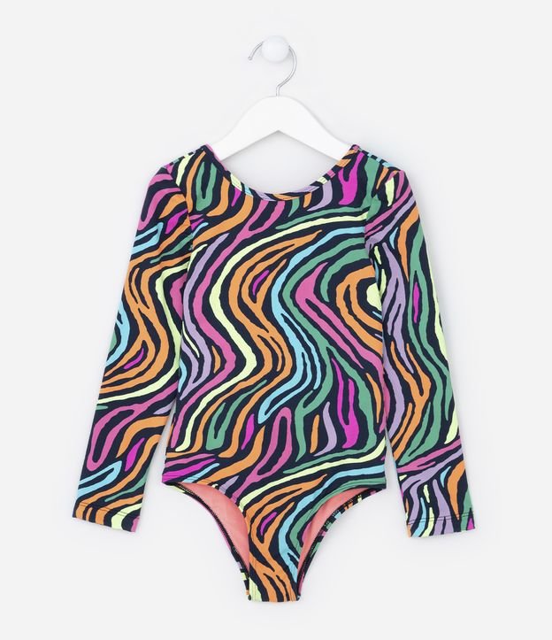 Maiô Infantil com Manga Longa e Estampa Ondinhas - Tam 5 a 14 Anos