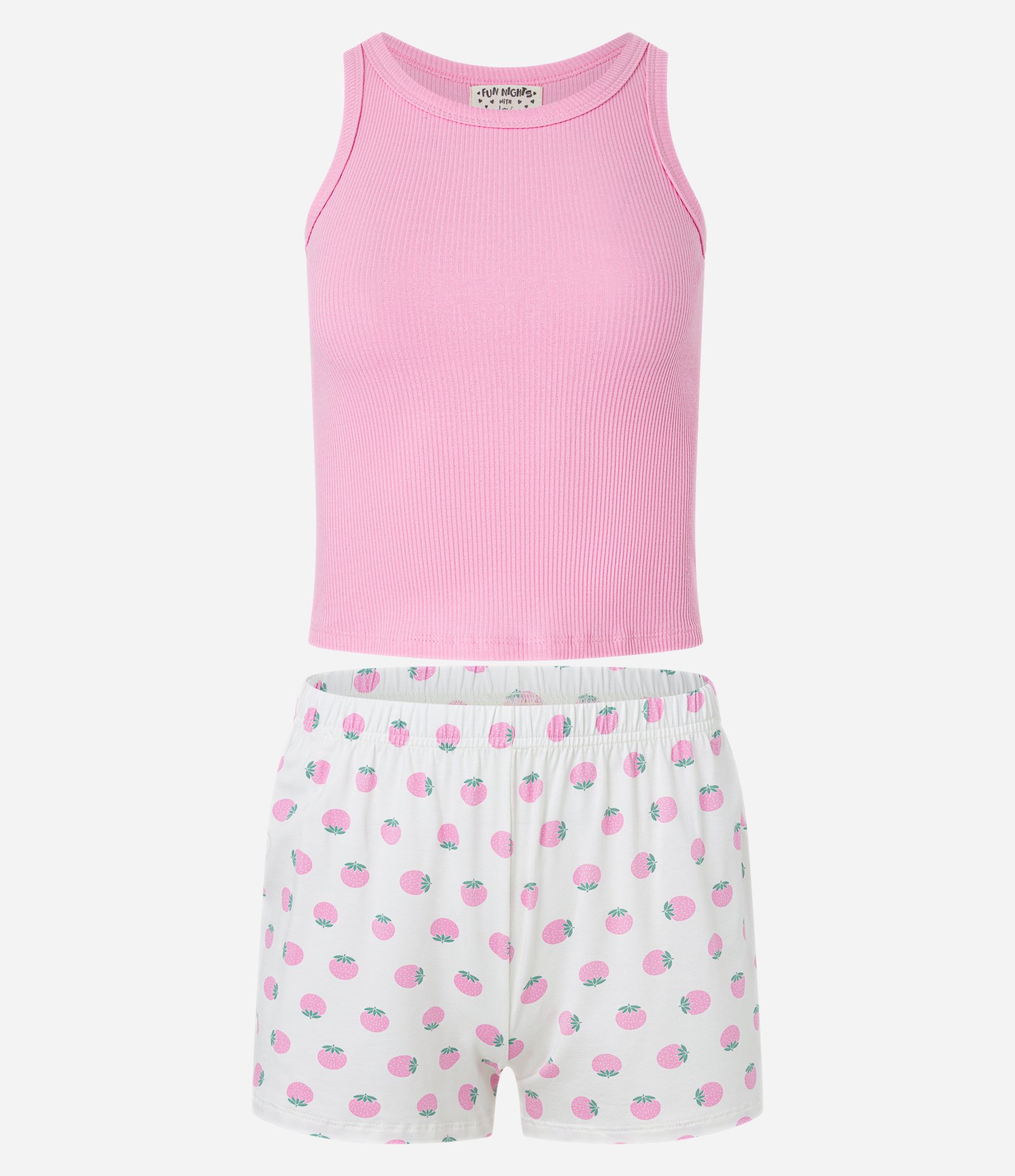 Pijama Short Doll em Ribana com Morangos Estampados Rosa/Branco 4