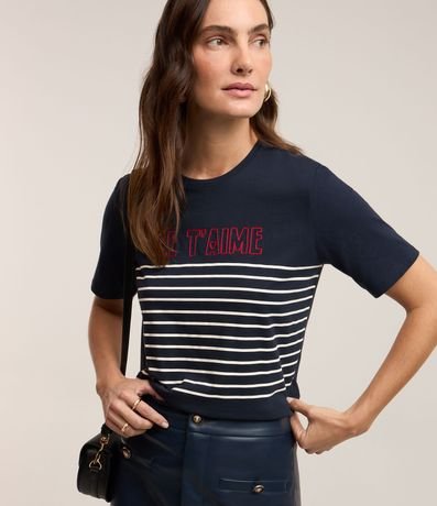 Camiseta em Algodão com Estampa Listras e Lettering Je T'aime Menor preço em Camiseta em Algodão com Estampa Listras e Lettering Je T'aime