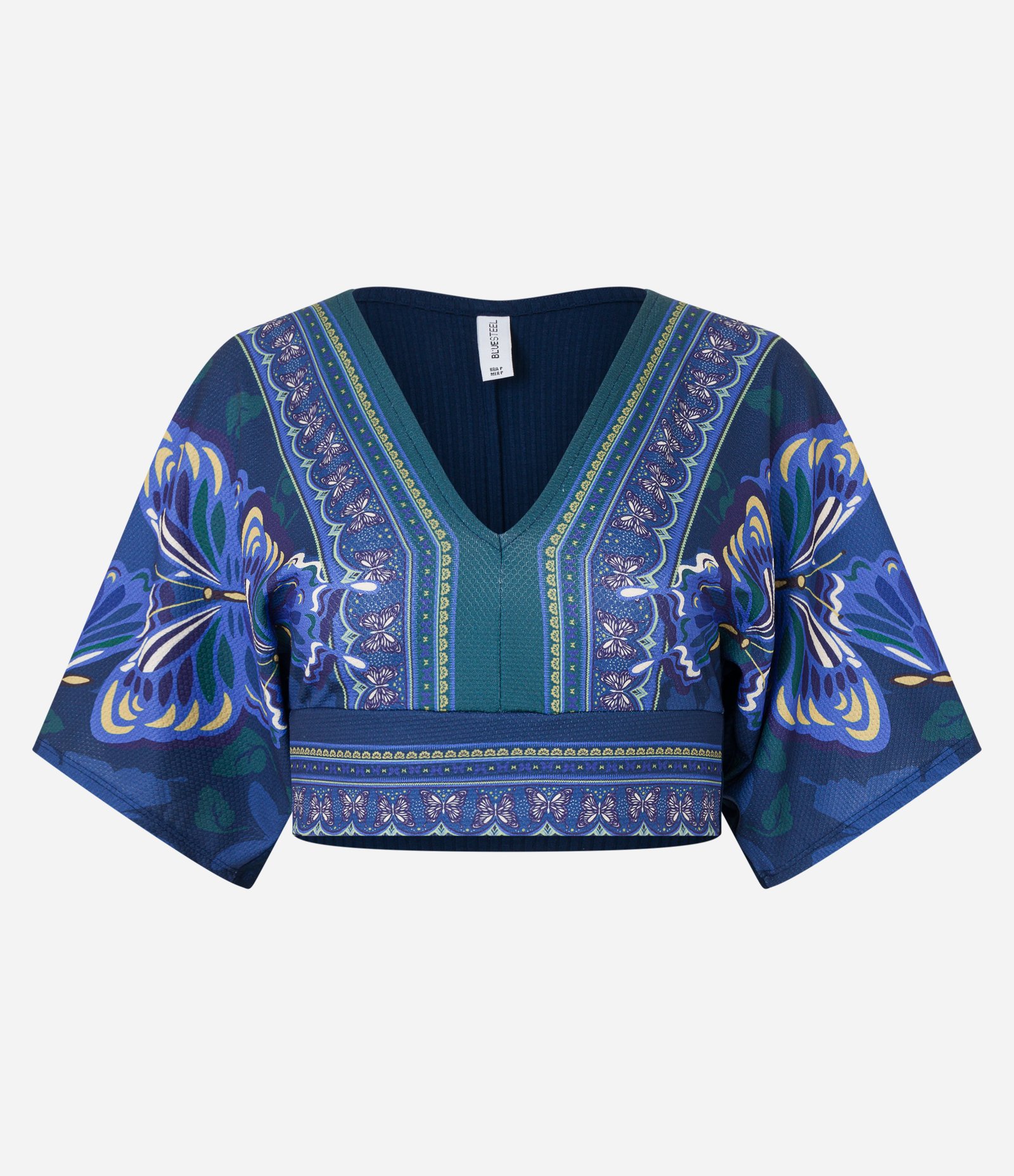 Blusa Cropped Kimono com Estampa de Borboletas Azul 5