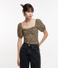 Blusa em Ribana com Manga Bufante e Estampa Animal Print