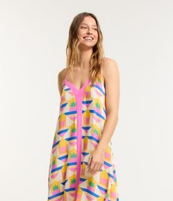 Vestido Midi em Viscose com Estampa com Pontas e Detalhe Contrastante