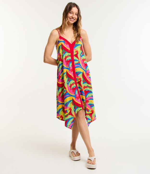 Vestido Midi em Viscose com Estampa com Pontas e Detalhe Contrastante