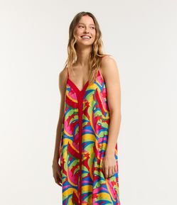 Vestido Midi em Viscose com Estampa com Pontas e Detalhe Contrastante