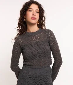 Blusa Manga Sino em Tricô com Ponto Crochê