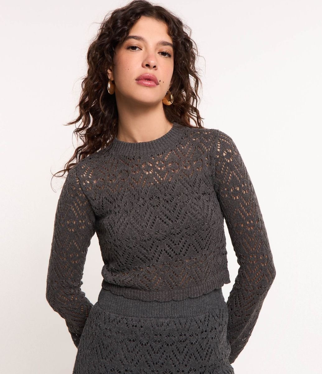 Blusa Manga Sino em Tricô com Ponto Crochê Cinza - Main Image