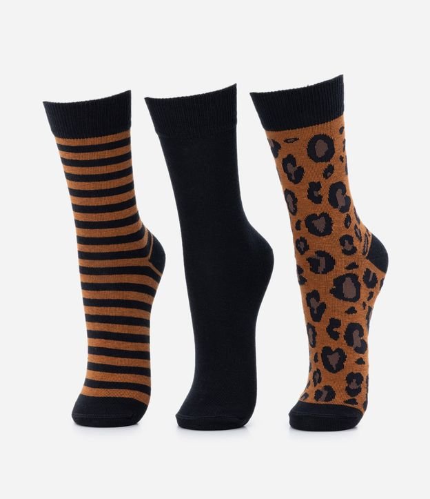 Kit 03 Meias Cano Alto Jacquard Estampa Listras e Animal Print
