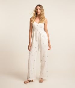 Macacão Sem Manga em Tricoline com Miçangas Bordadas