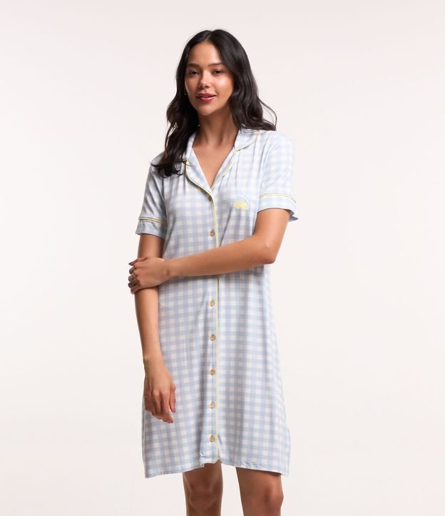 Camisola Americana em Viscose com Estampa Xadrez e Bordado de Limões