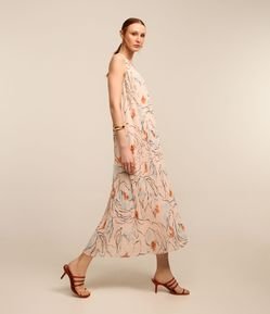 Vestido Midi em Chiffon com Textura Plissada e Estampa Floral