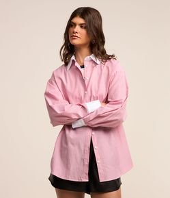 Camisa em Tricoline com Listras e Gola e Punhos Contrastantes