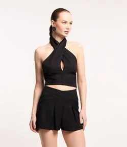 Blusa Cropped em Crepe com Decote Frente Única Cruzado