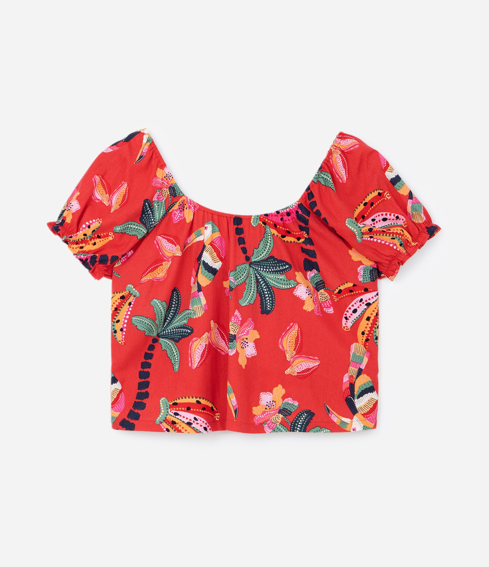 Blusa em Viscolinho com Manga Bufante e Estampa Folhagens Curve & Plus Size Vermelho 5