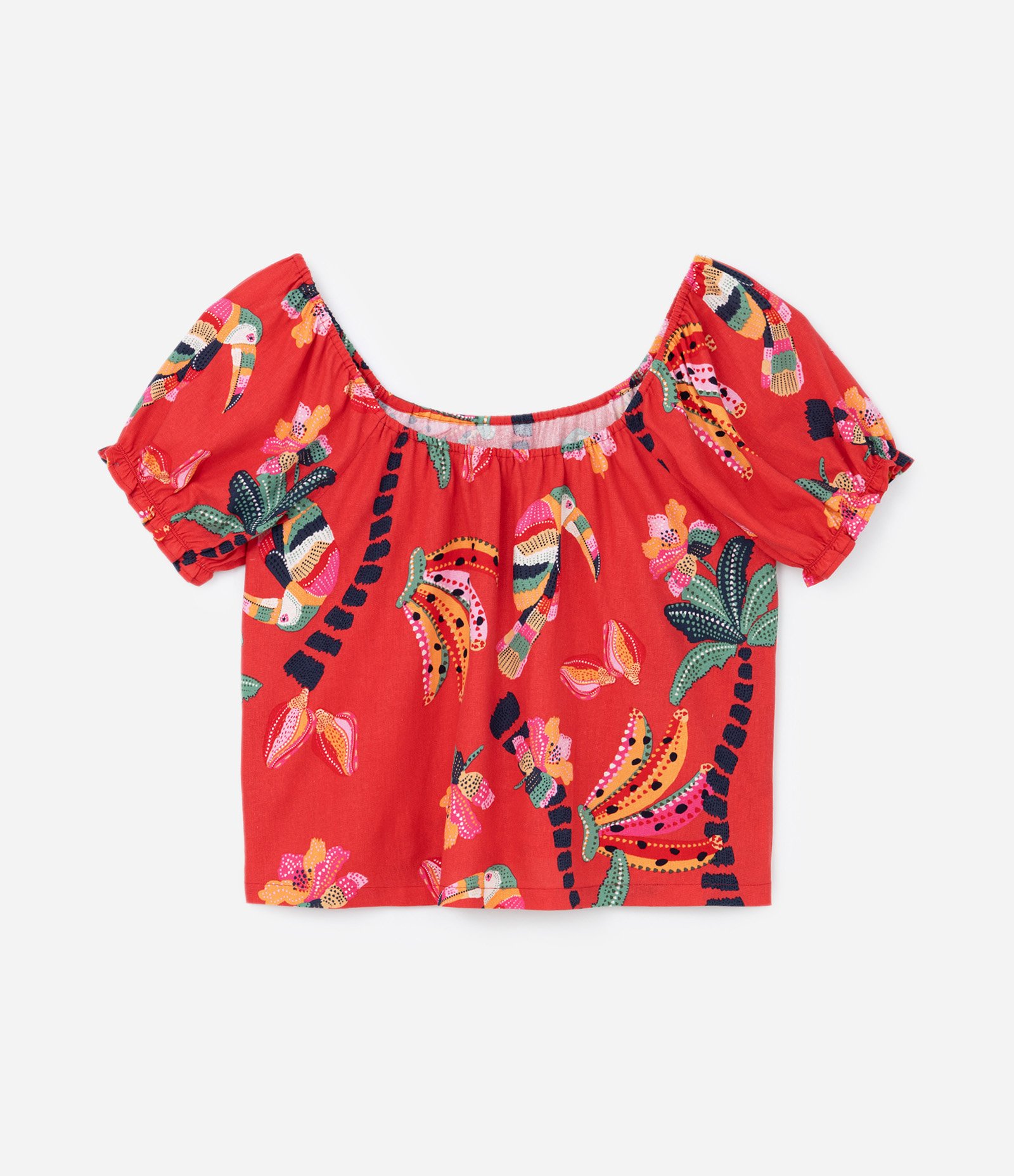 Blusa em Viscolinho com Manga Bufante e Estampa Folhagens Curve & Plus Size Vermelho 6