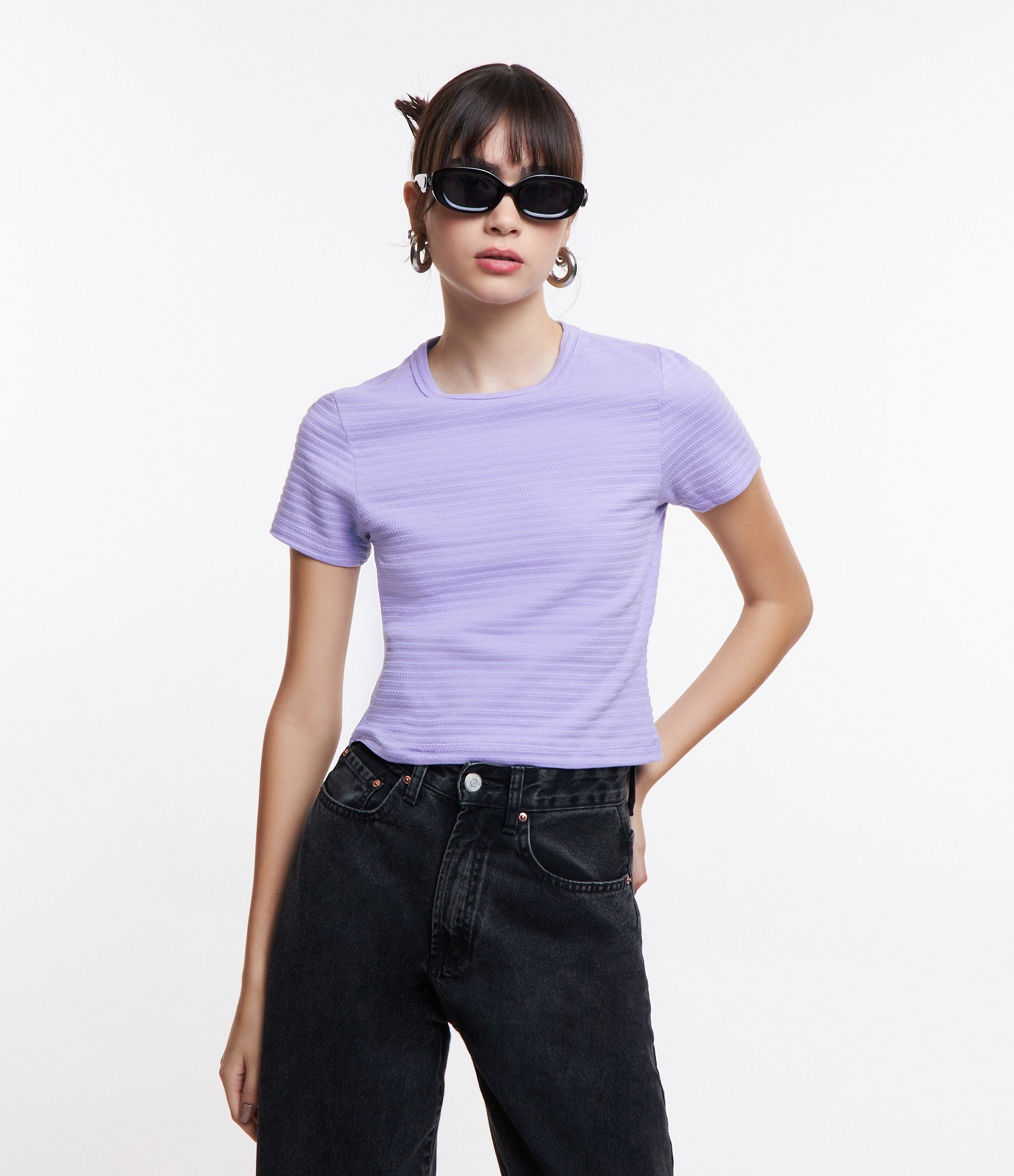Blusa em Algodão com Textura e Manga Curta Lilás 1
