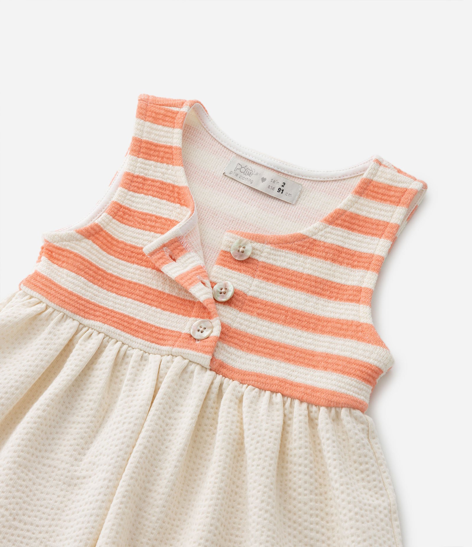 Vestido Infantil Texturizado com Estampa de Listras - Tam 1 A 5 Anos Bege/Laranja 5