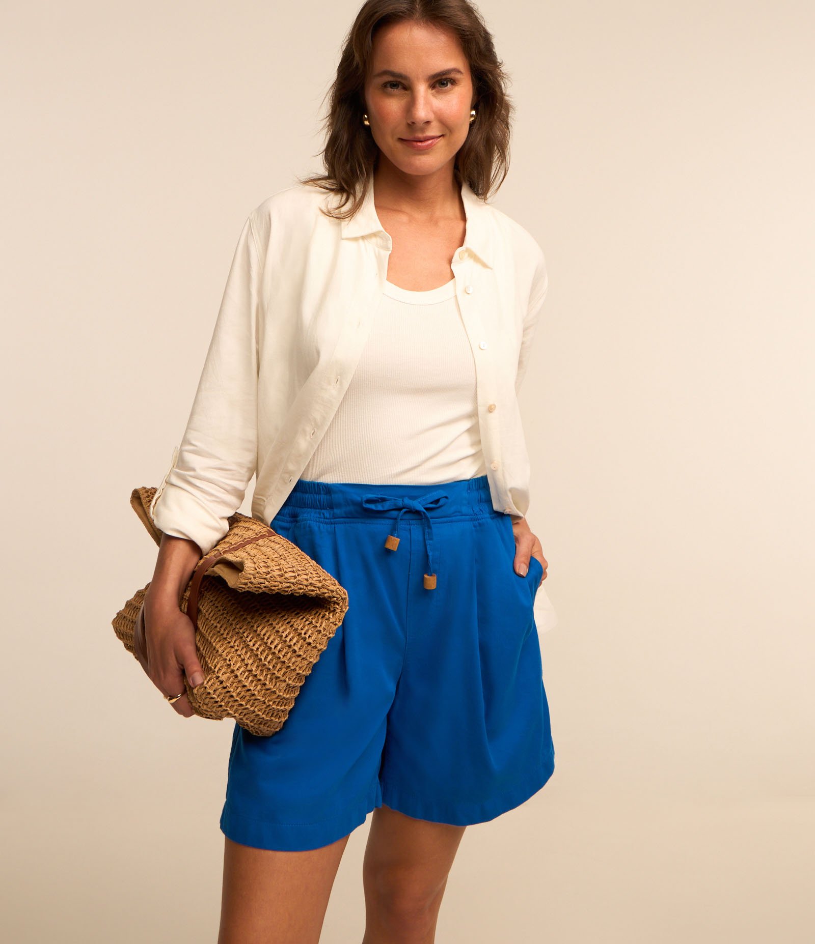 Short Longo em Sarja com Pregas e Amarração com Miçangas Azul 2