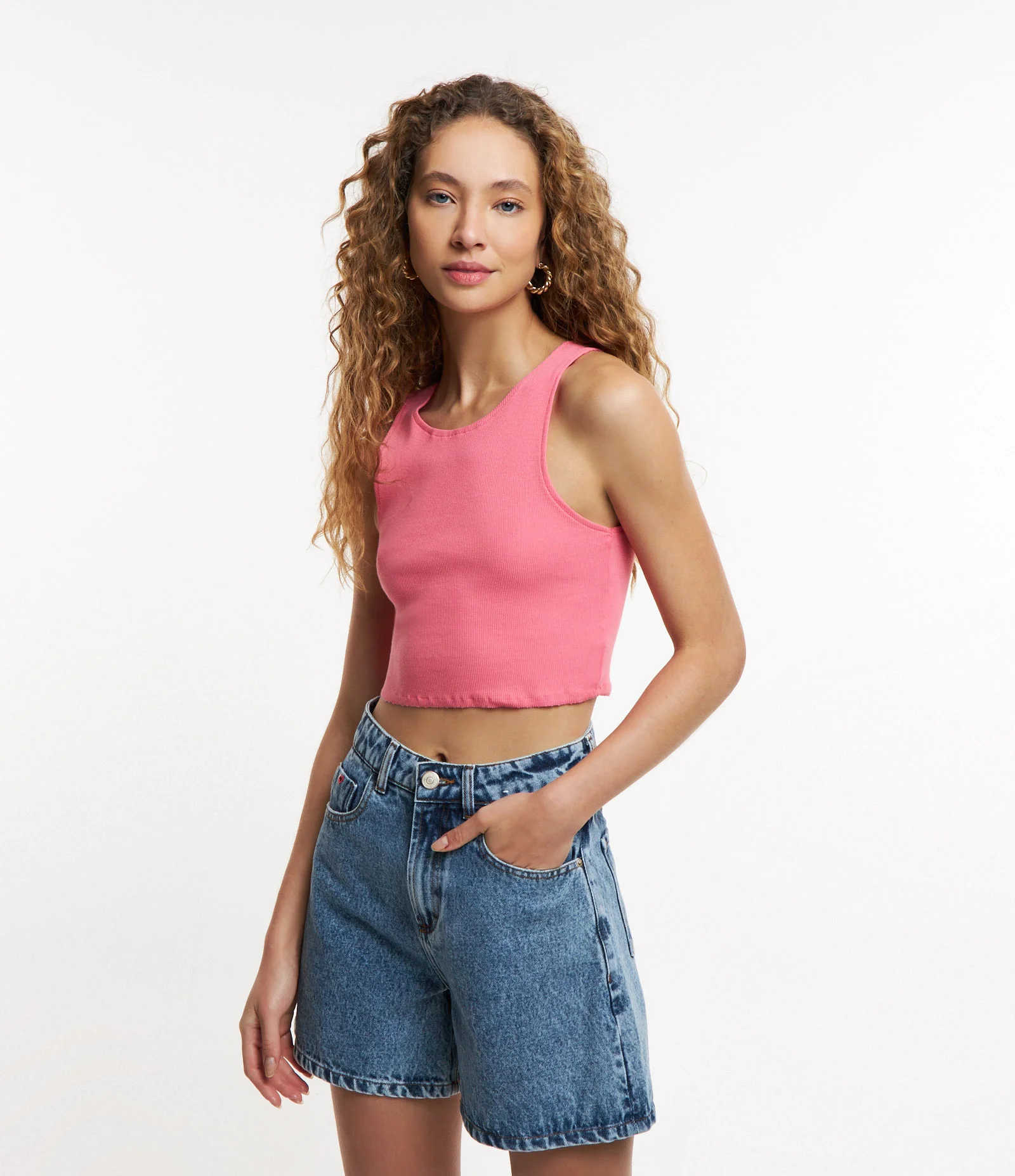 Blusa Cropped sem Manga em Algodão com Textura Canelada Rosa Confetti 1