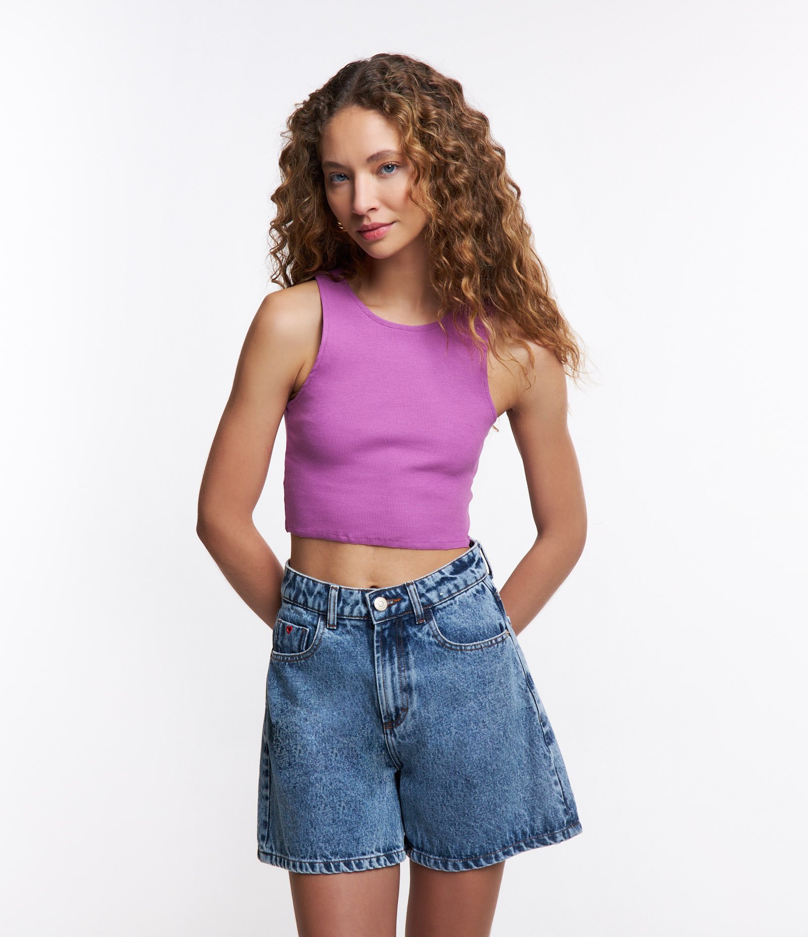Blusa Cropped sem Manga em Algodão com Textura Canelada Rosa 1