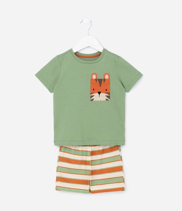 Pijama Curto Infantil com Bolsinho Estampa de Tigre - Tam 2 a 4 Anos