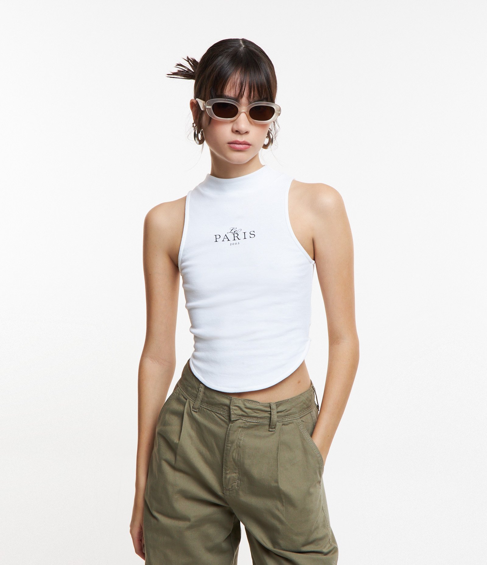 Regata em Algodão com Gola Alta e Lettering Paris Branco 1