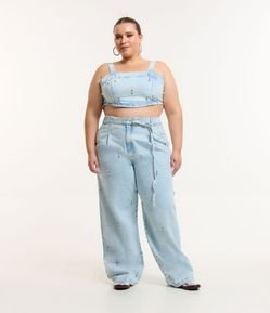 Calça Wide Leg em Jeans com Aplicações e Cordão Curve & Plus Size